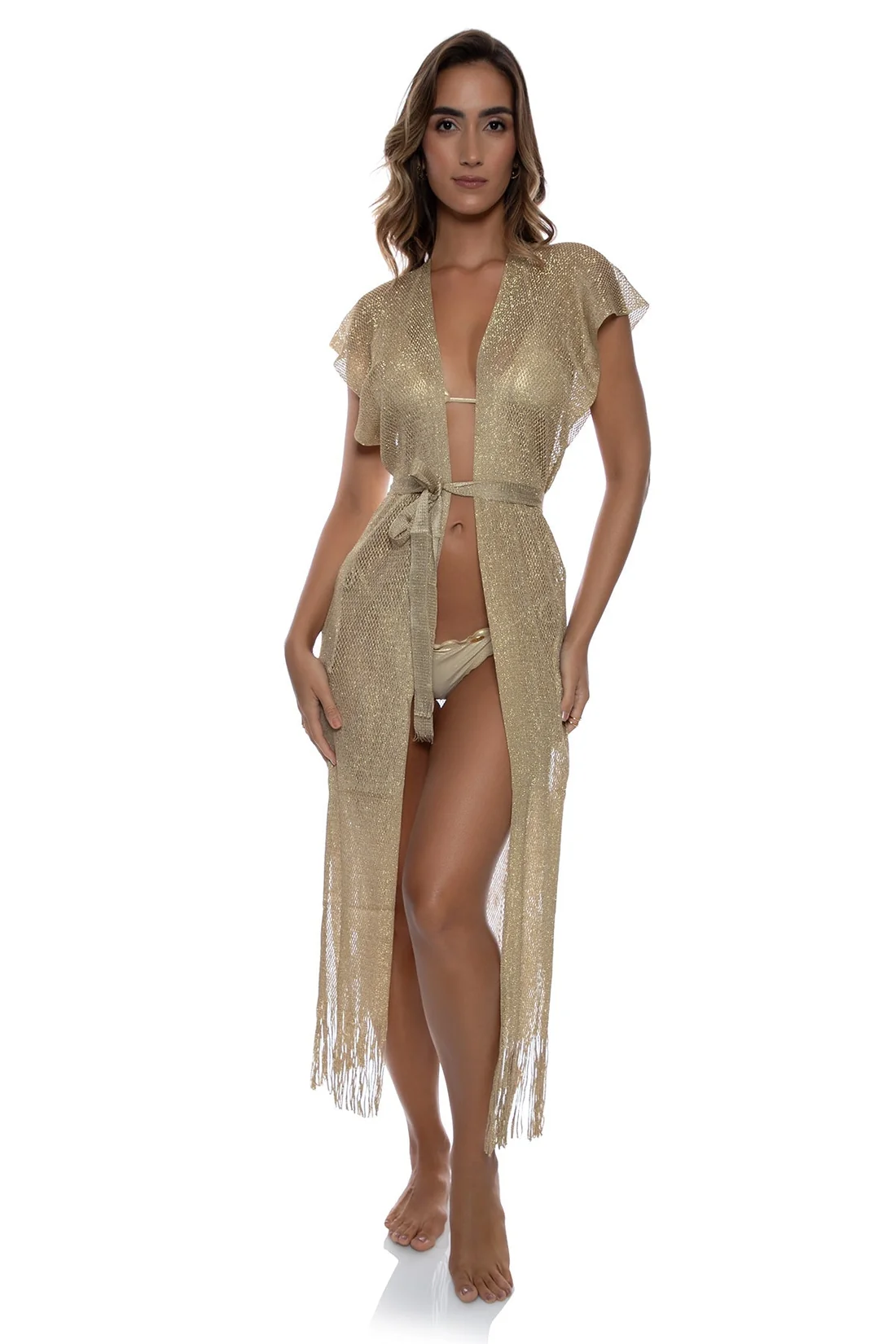 Luli Fama Sunshine Addict Long Gold Mesh Kimono