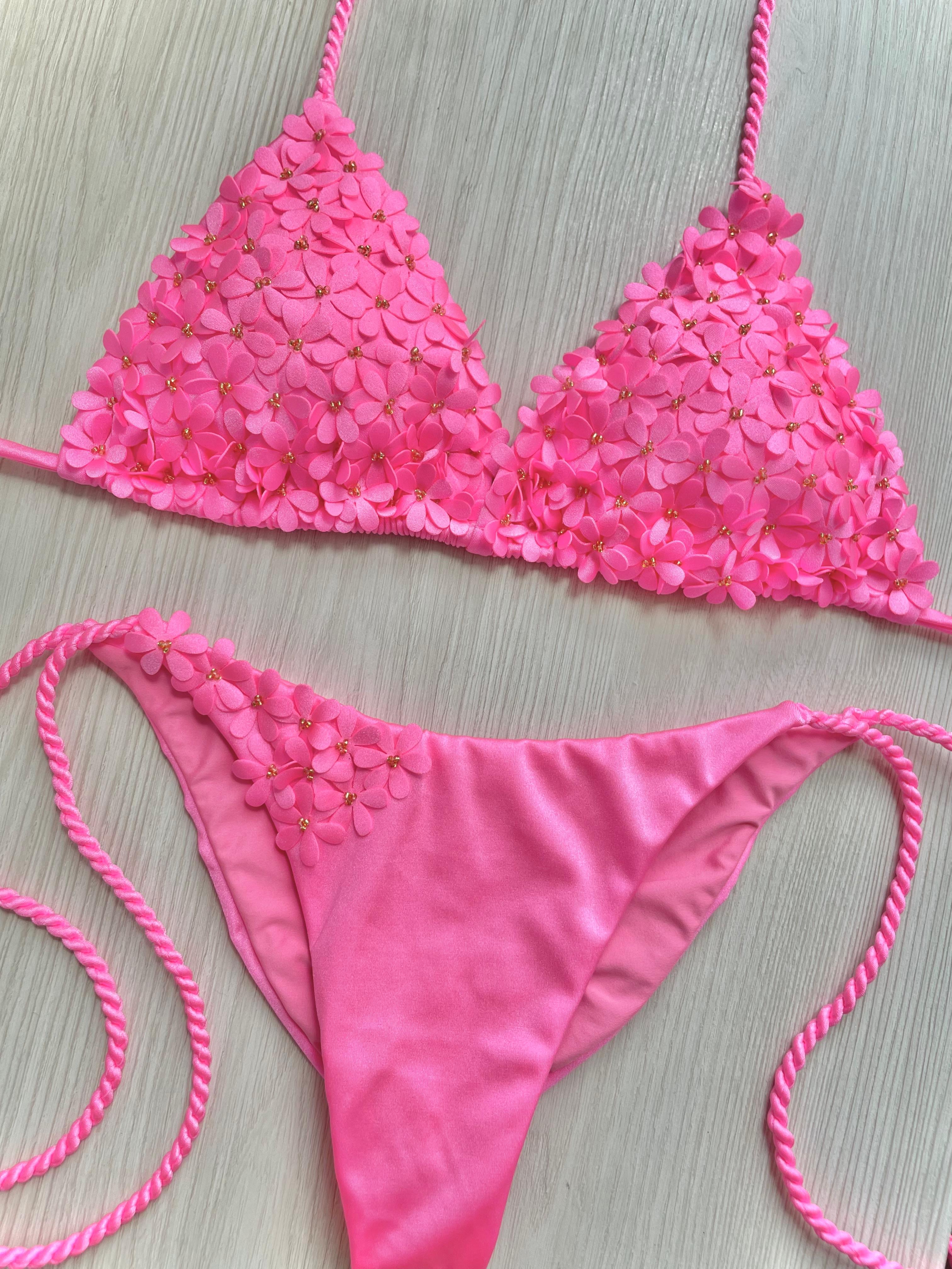 Beach Fashion Only Handmade Flower Bikini Pink