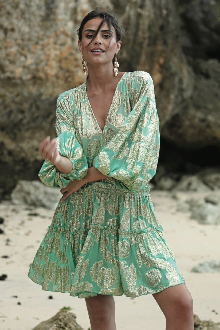 Miss June Korte Zomerjurk Jacquard Agua Blauw