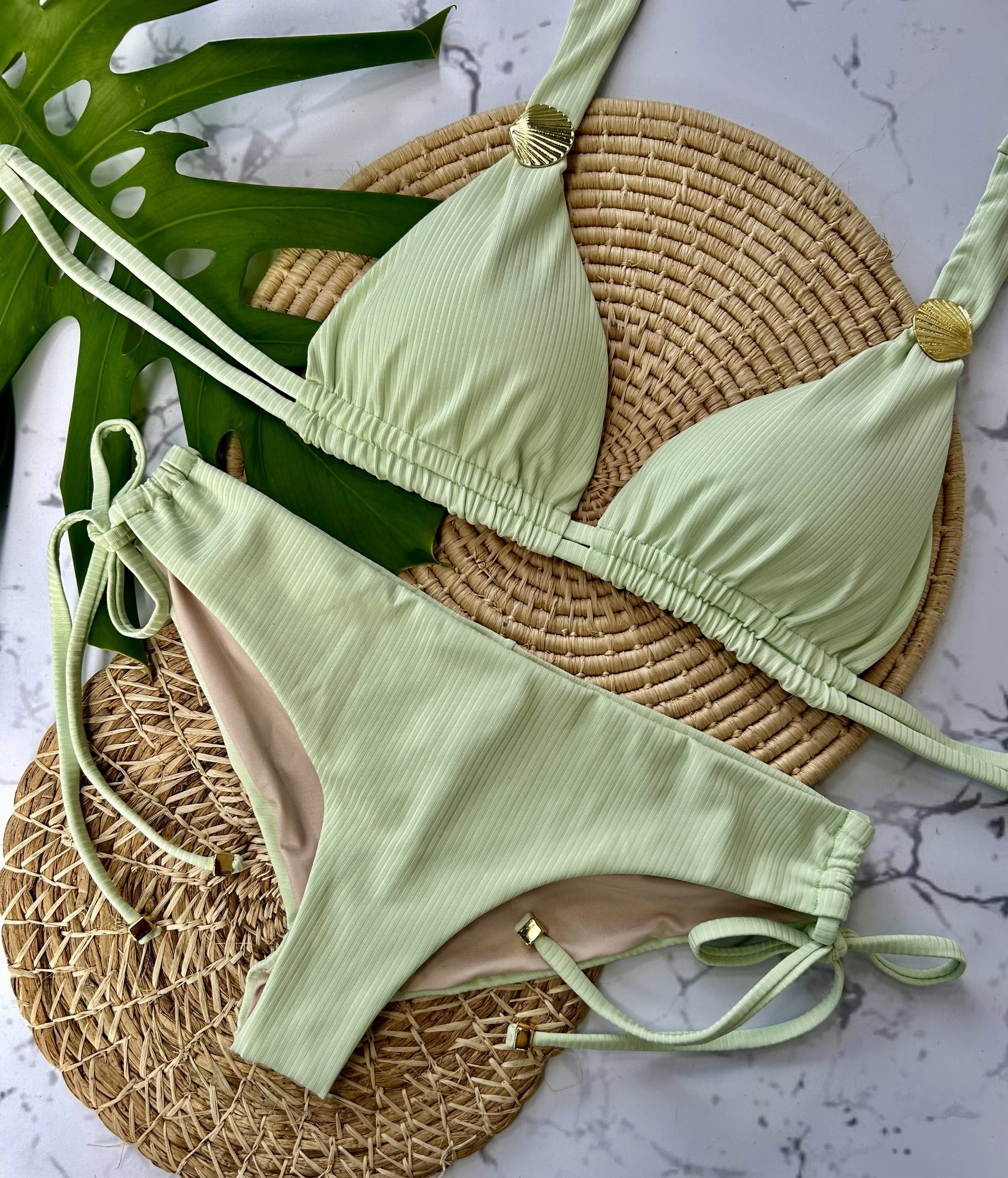 Beach Fashion Only Pistachio Texture Halter Bikini