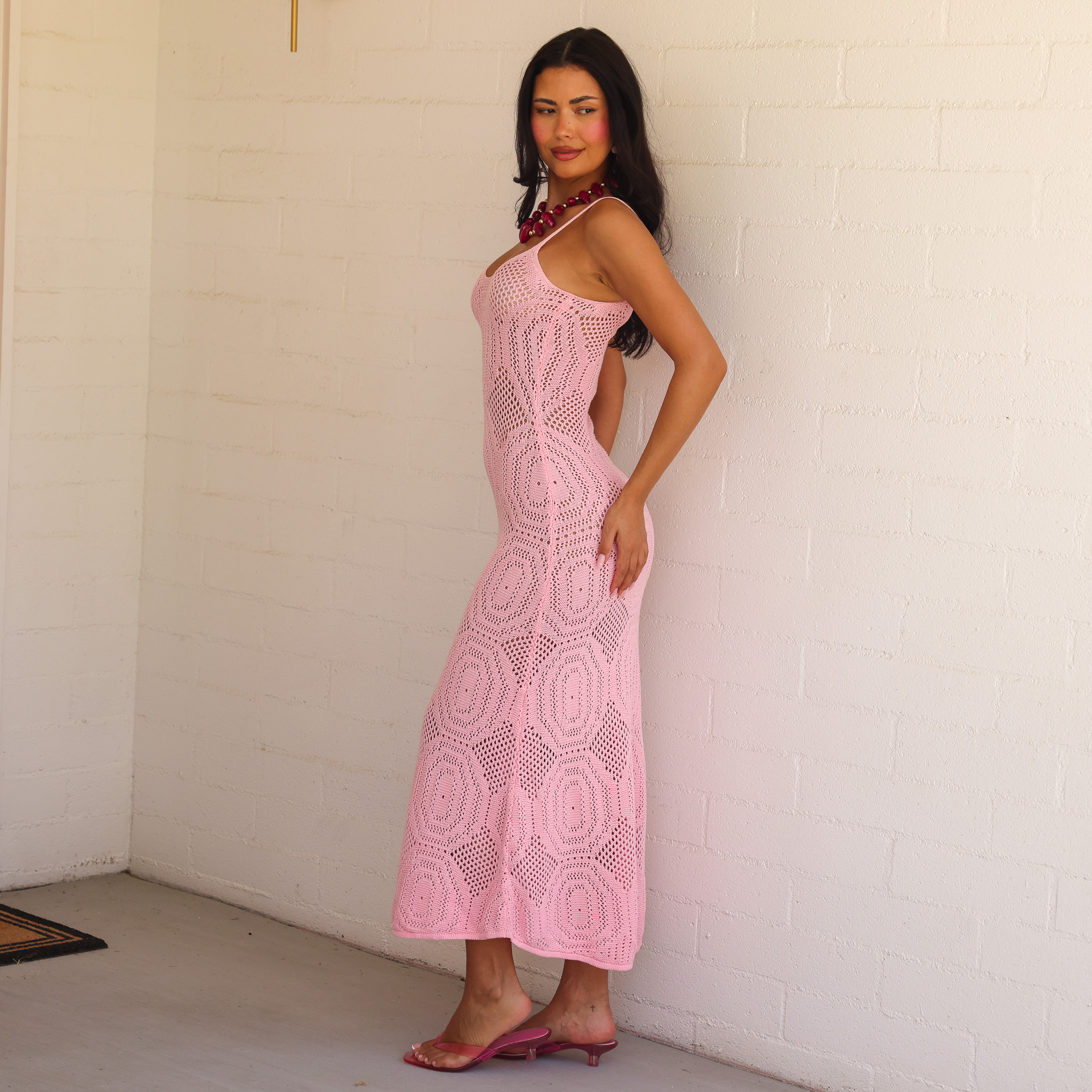 Kulani Kinis Pocket Pink Crochet Lace Maxi Dress