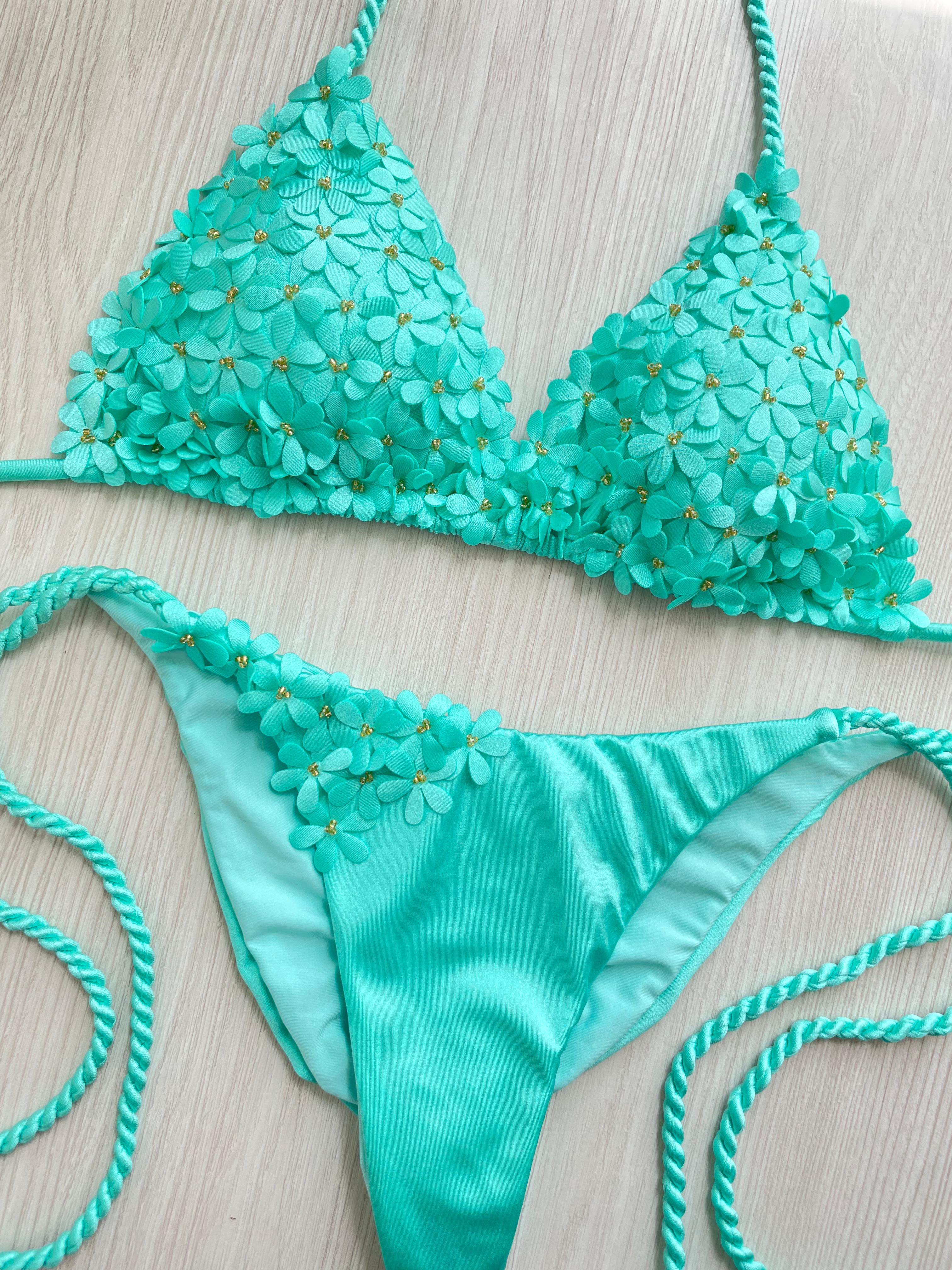 Beach Fashion Only Handgemaakte Flower Bikini Turquoise
