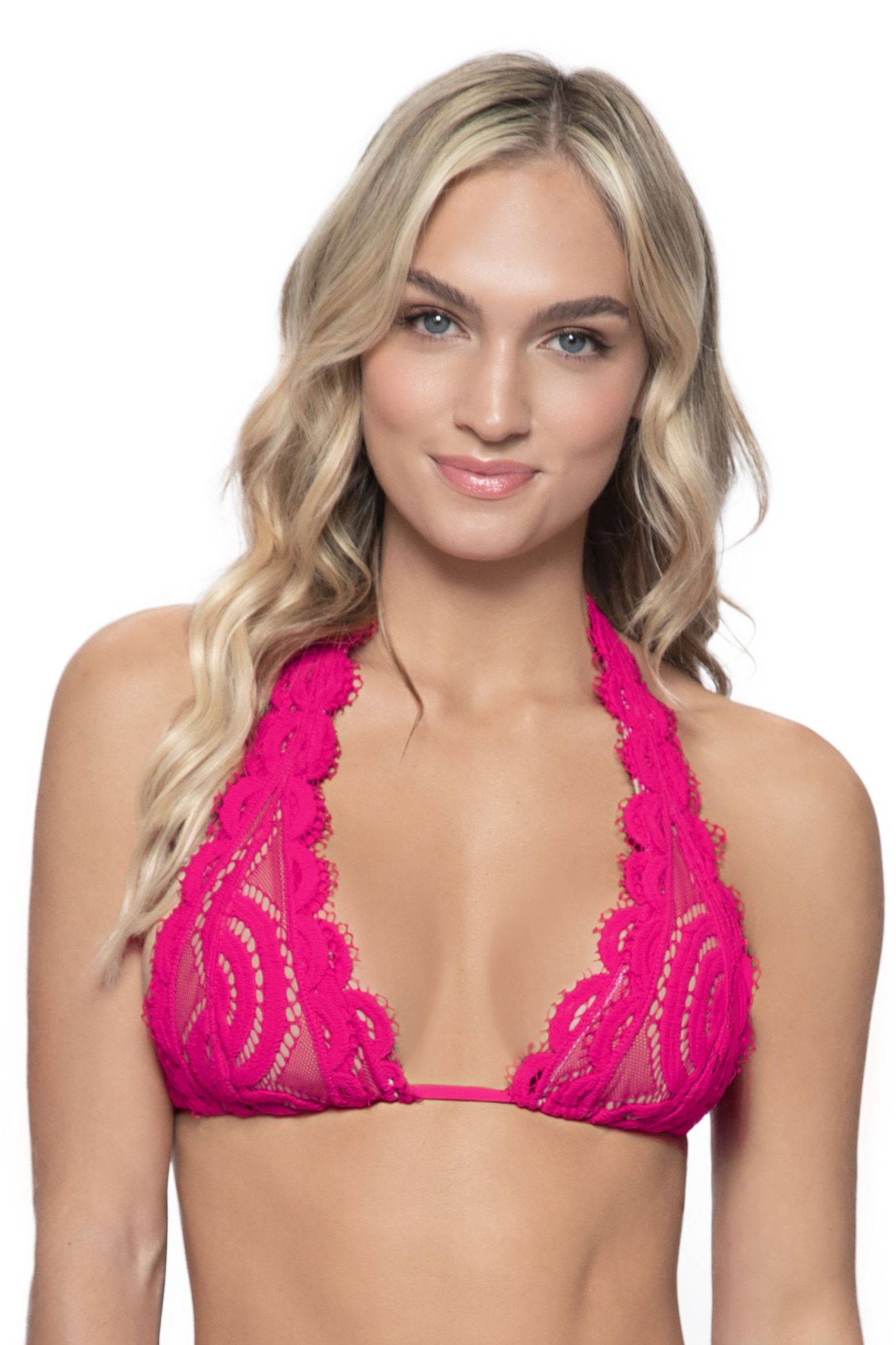 Pilyq Swim Cosmo Pink Lace Halter Bikini Top 