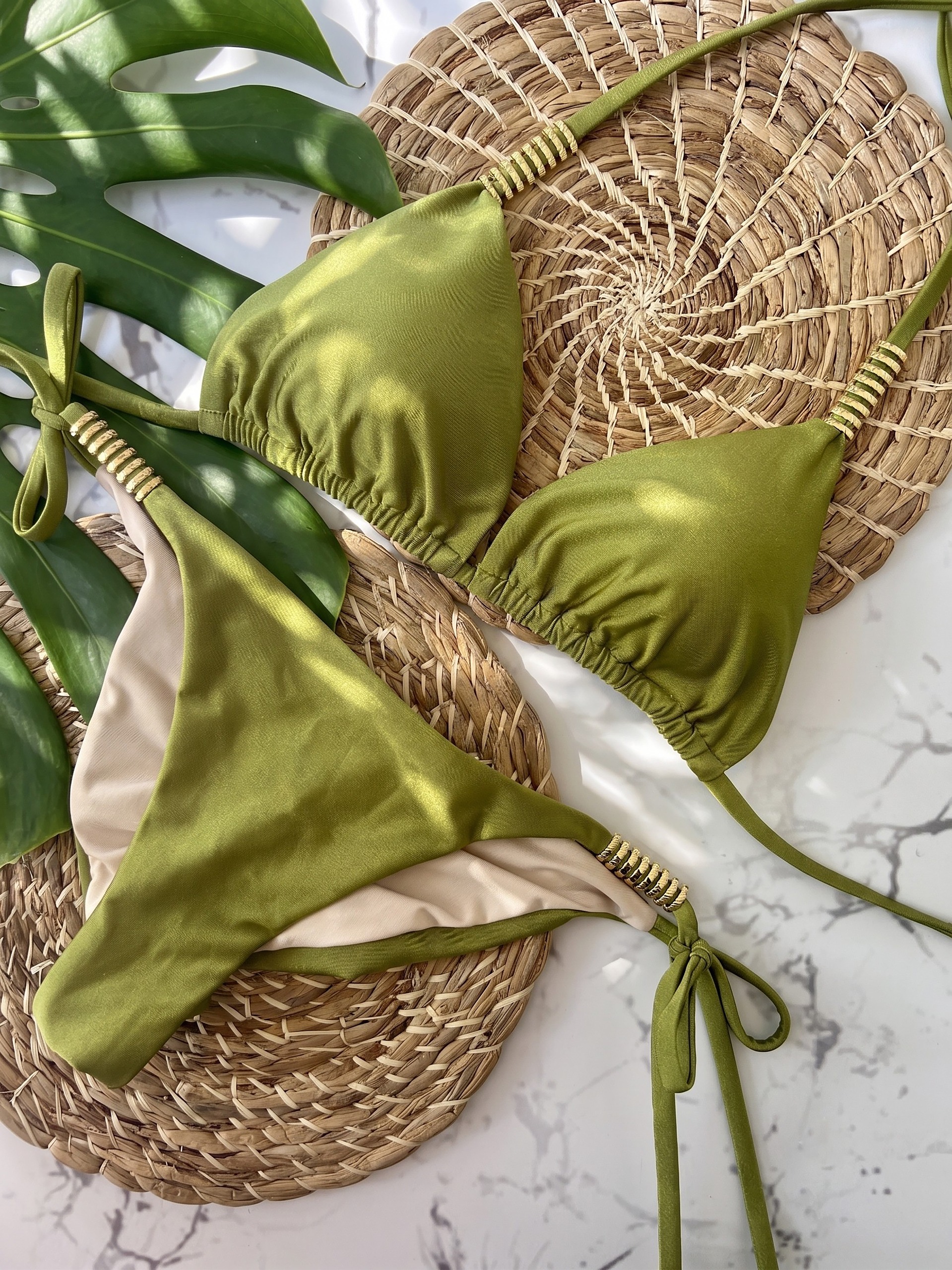 Beach Fashion Only Golden Olive Triangle Bikini