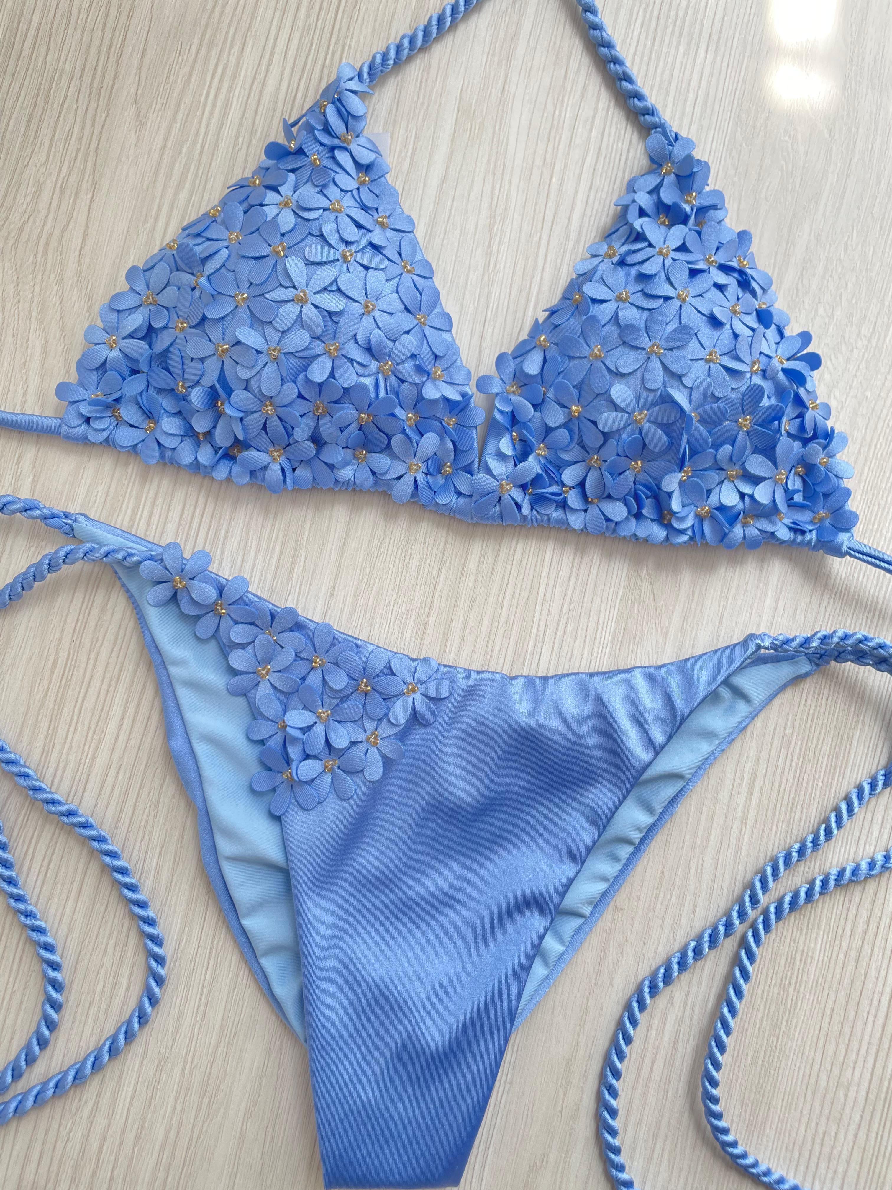 Beach Fashion Only Handmade Flower Bikini Blue
