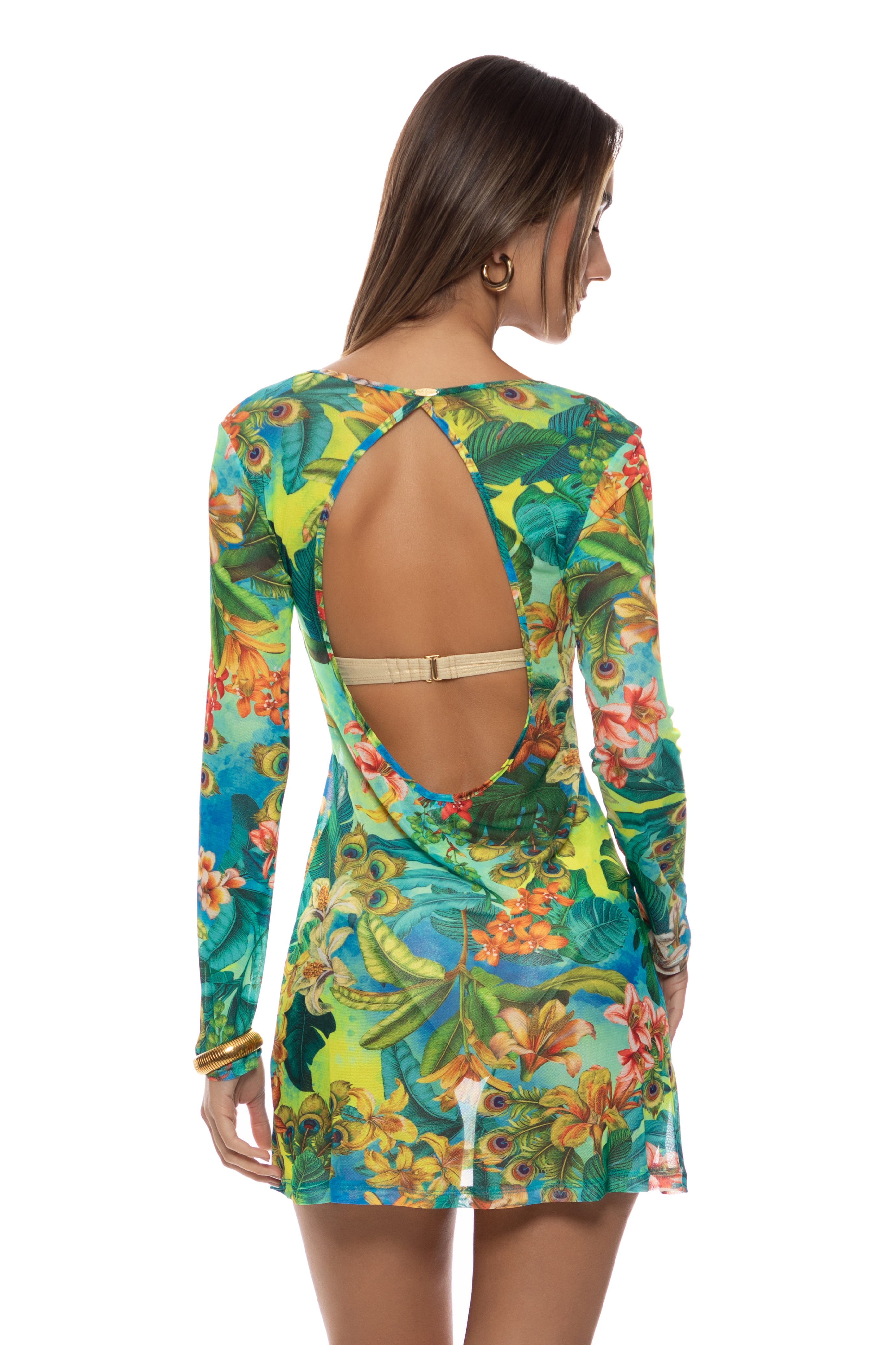 Luli Fama Peacock Affair Long Sleeve Mesh Dress