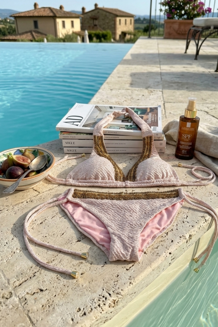 Beach Fashion Only Handmade Madeira Halter Bikini Pink