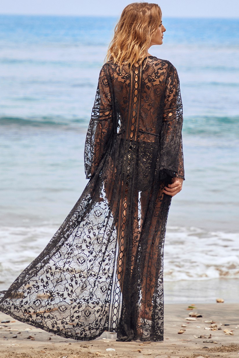 Cosita Linda Boudoir Lange Kanten Strand Kimono Zwart