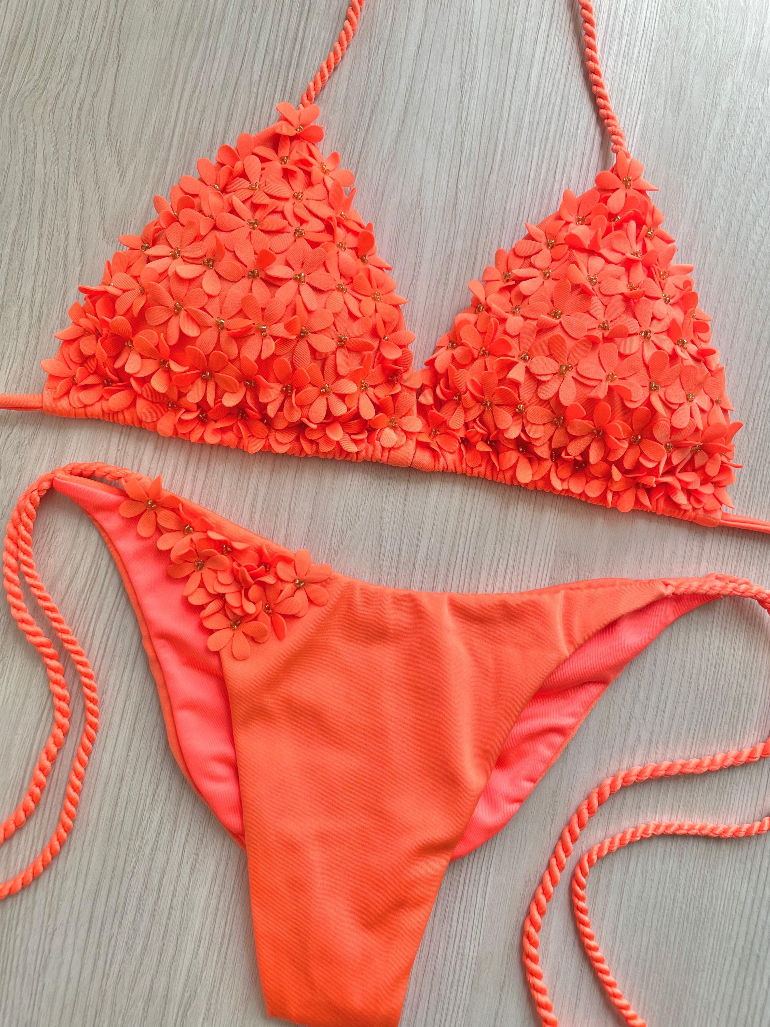 Beach Fashion Only Handmade Flower Bikini Orange