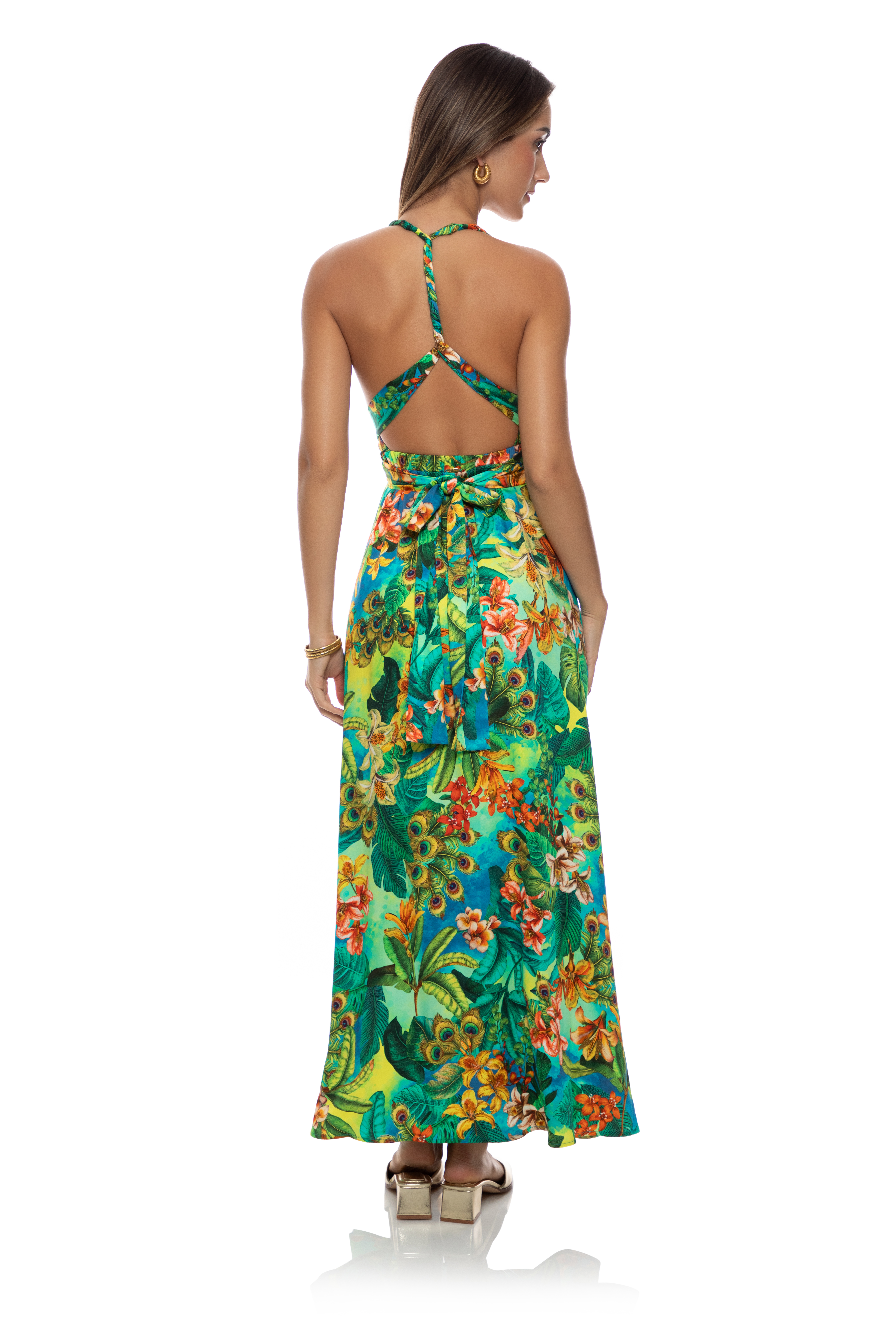 Luli Fama Peacock Affair Halter Maxi Dress