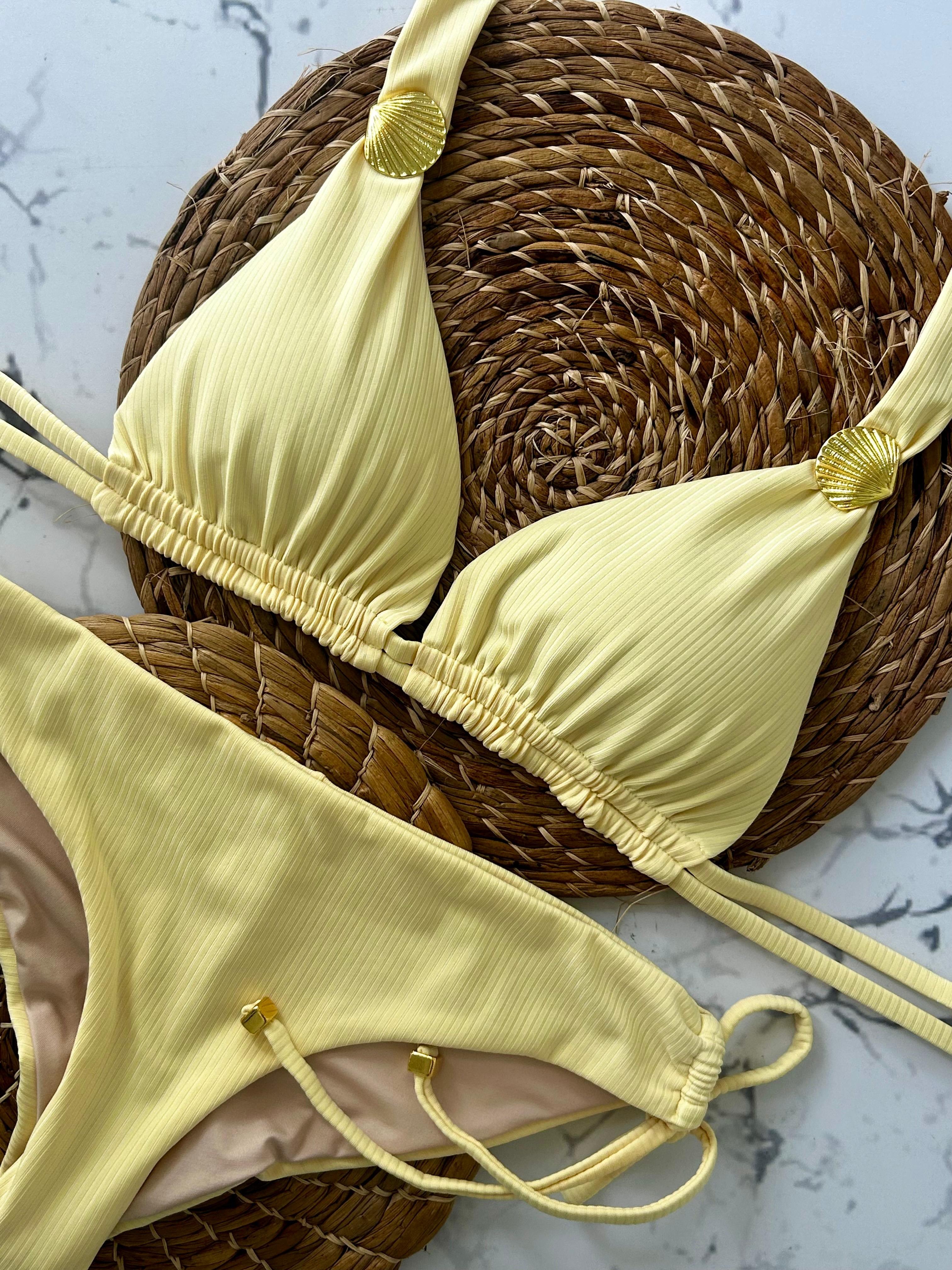 Beach Fashion Only Texture Yellow Halter Bikini