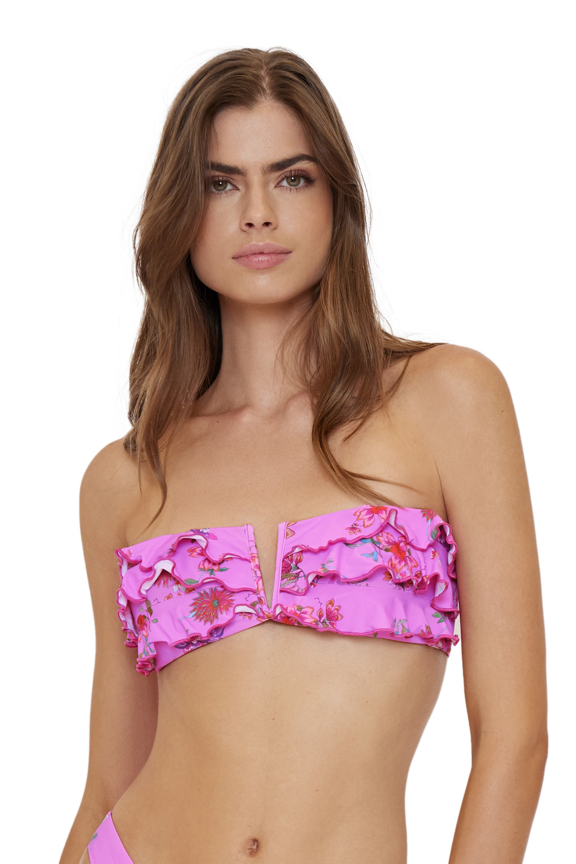 Pilyq Swim Garden Pink Ruffle Bandeau Bikini Top