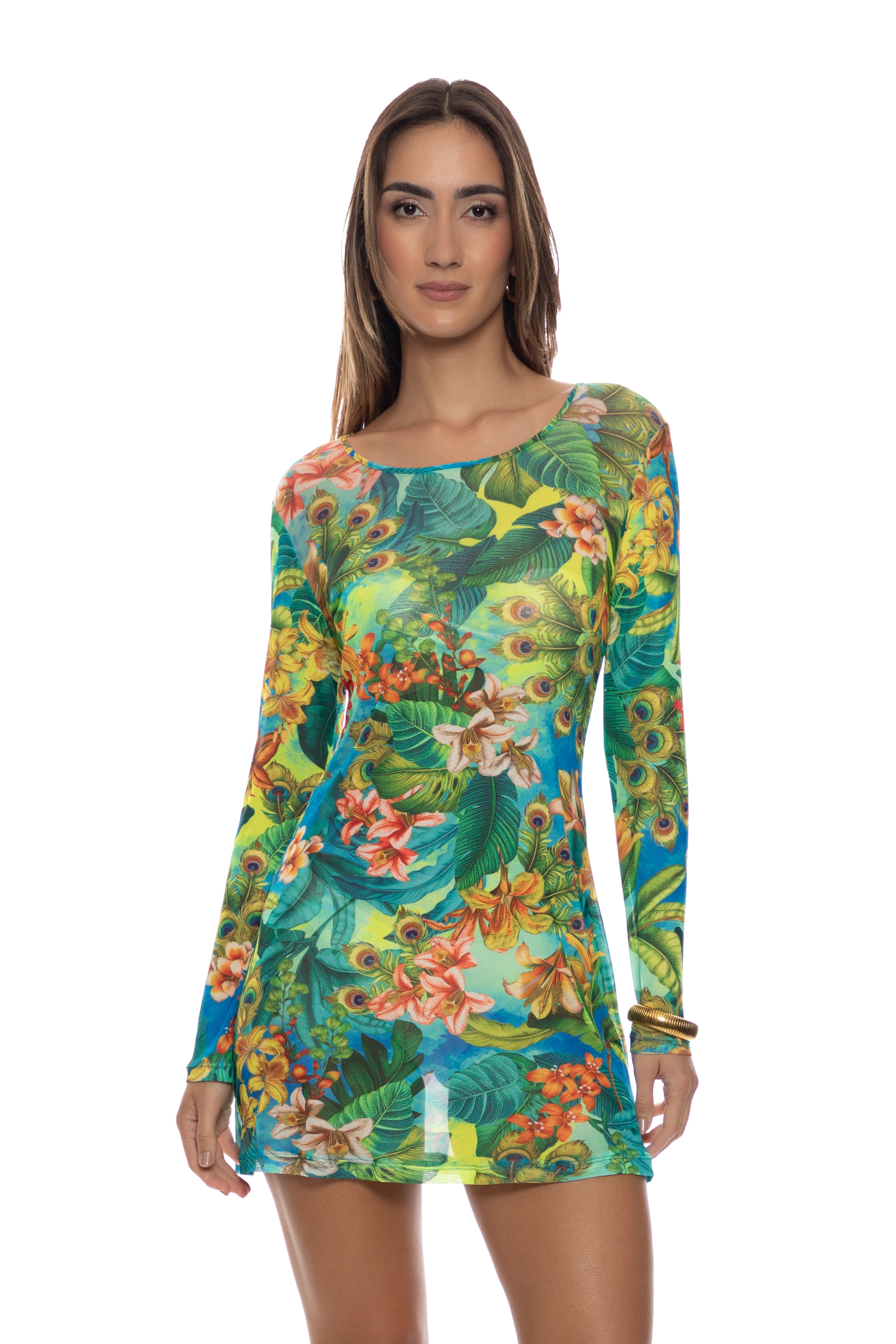 Luli Fama Peacock Affair Long Sleeve Mesh Dress