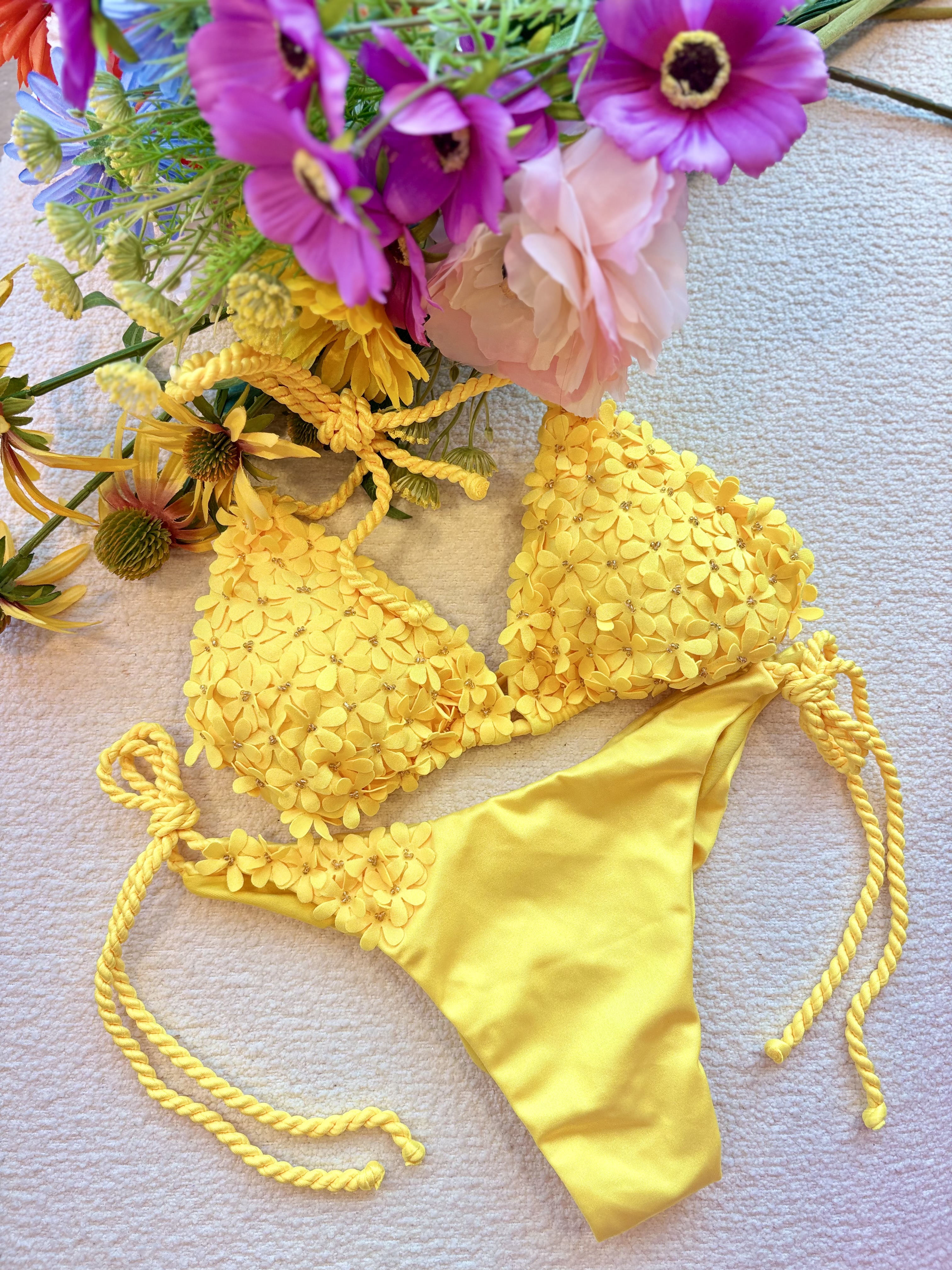 Beach Fashion Only Handmade Flower Bikini Yellow