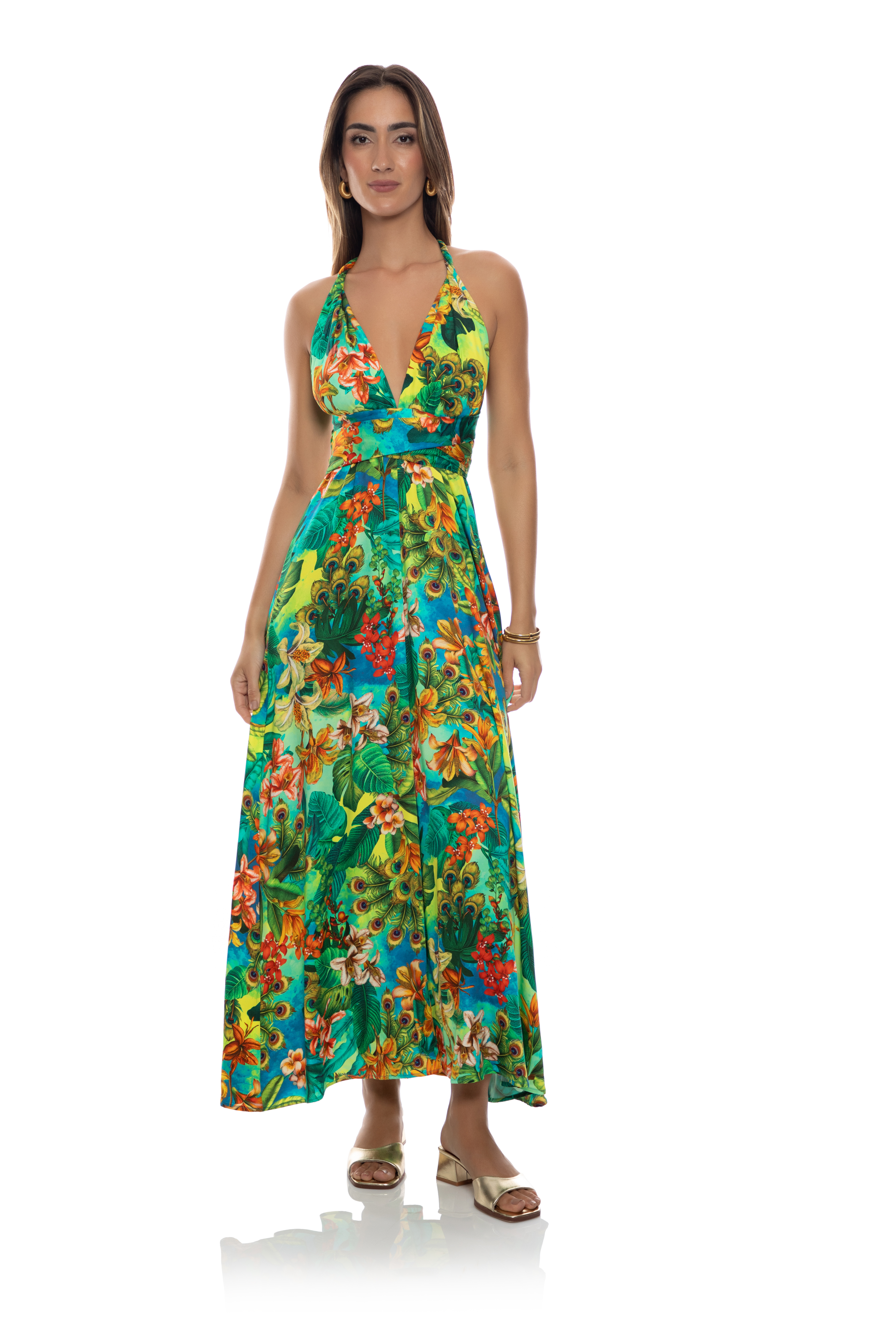 Luli Fama Peacock Affair Halter Maxi Dress