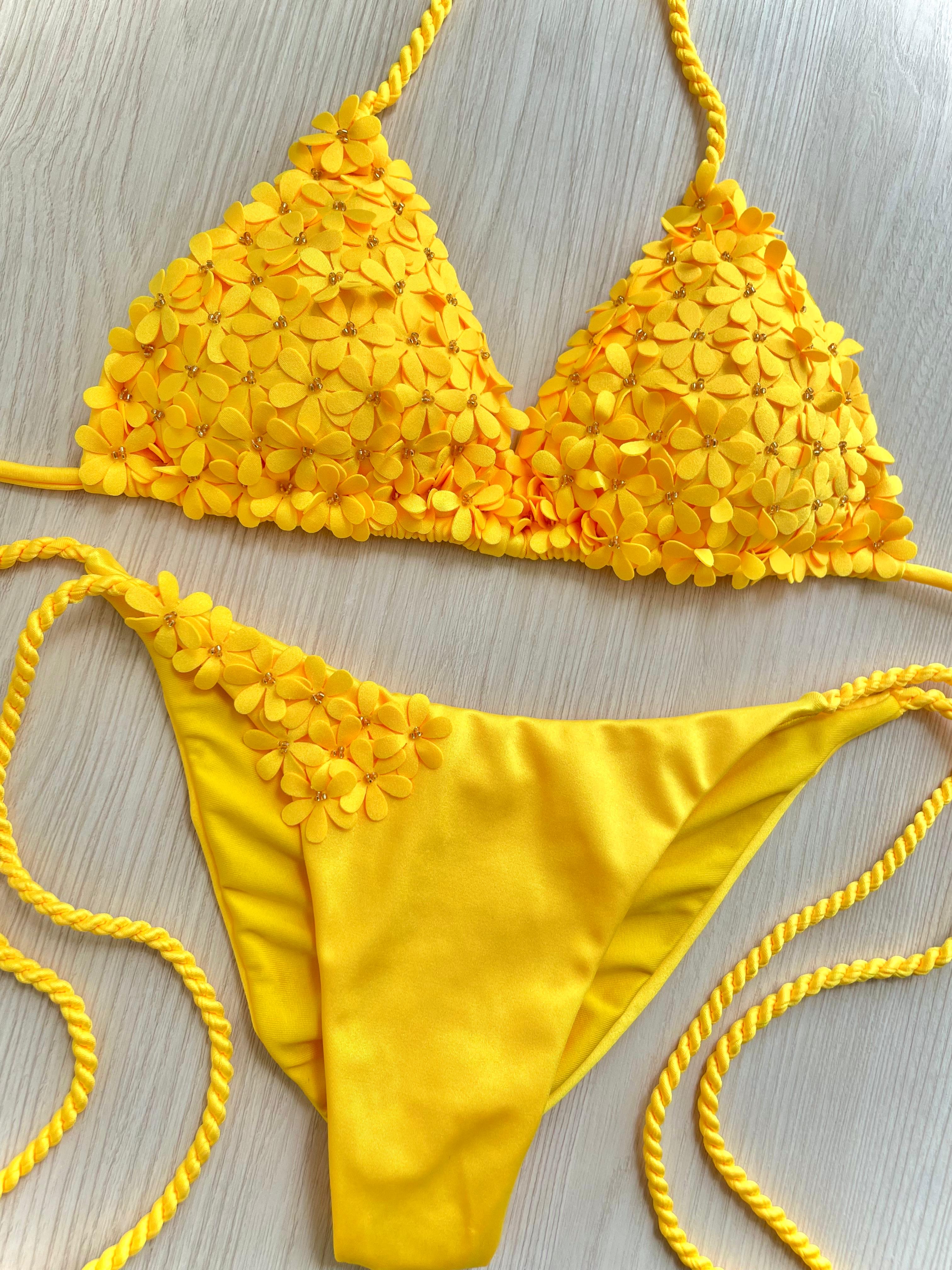 Beach Fashion Only Handmade Flower Bikini Yellow