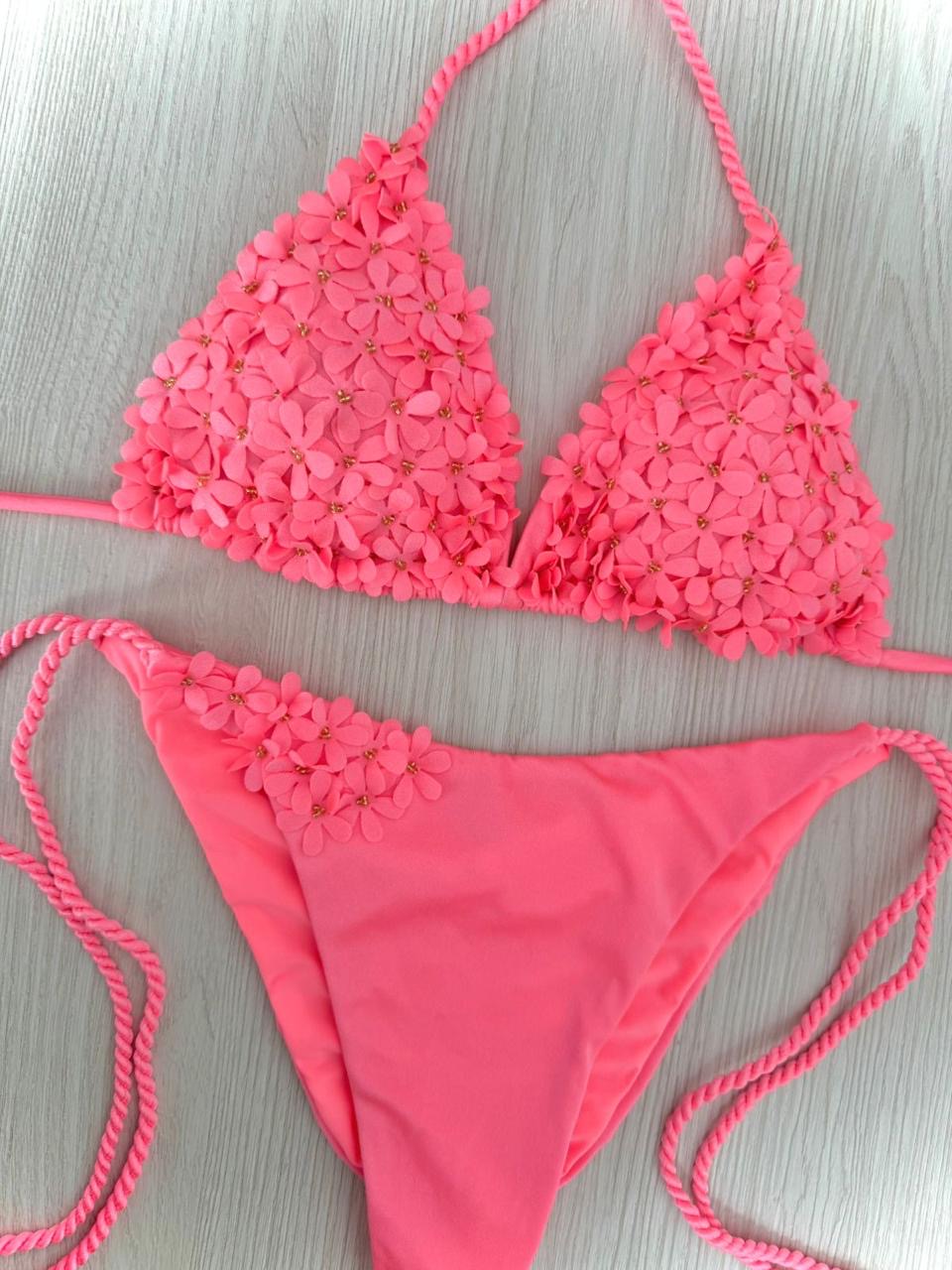 Beach Fashion Only Handmade Flower Bikini Salmon